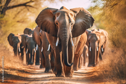 Herd of African Elephants walking towards camera photo