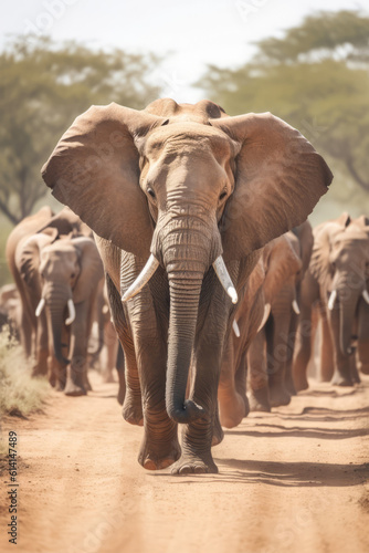 Herd of African Elephants walking towards camera