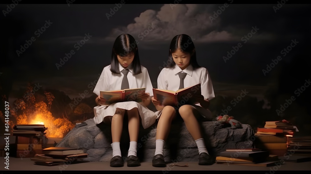 A fictional person. Mesmerizing image of asian primary school girls blossoming into intellectual powerhouses with a captivating background