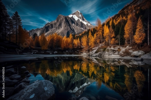 Reflections of Tranquility: Breathtaking Autumn Colors Mirror in a Serene Mountain Lake, ai generative