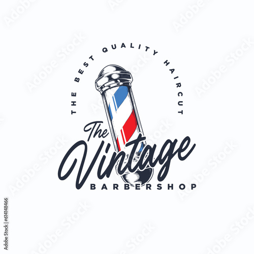 Barbershop salon haircut pole scissors vintage logo design inspiration