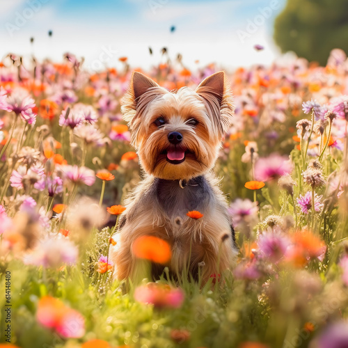 Yorkshire Terrier in Flower Field  Captivating Image of a Cute Canine Surrounded by Blooms