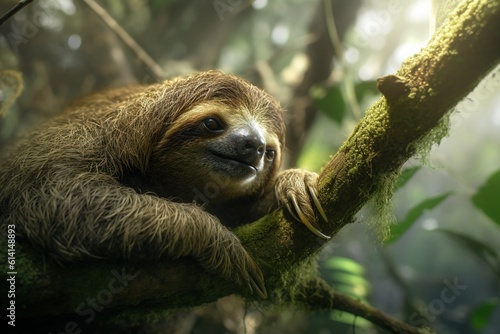 A sloth on a branch  in a jungle. Generative AI.