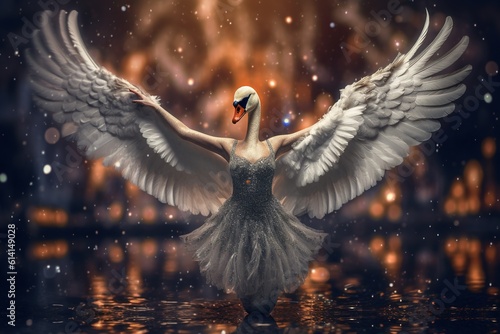 Fototapeta Naklejka Na Ścianę i Meble -  Pretty swan in a ballet skirt sequins. Generative AI.