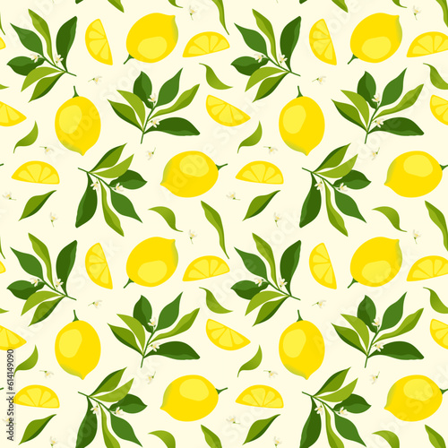 seamless pattern with scattered whole lemons, slices and leaves. fresh citrus motif. background with sour lemons.