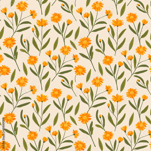 seamless pattern with calendula. orange flowers with leaves scattered over the background. floral pattern for textiles.
