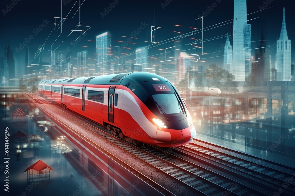 Train red with white and map. Generative AI.