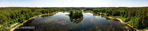 Aerial panorama of the lake in the forest in Podlasie ,Poland on a sunny,spring day.