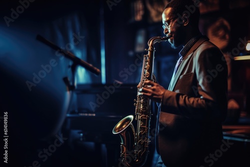 A close - up shot of a young man passionately playing a saxophone  in a dimly lit jazz club. Generative AI