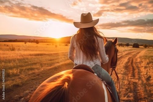A close - up shot of a young woman horse riding in the enchanting golden hour of sunset. Generative AI