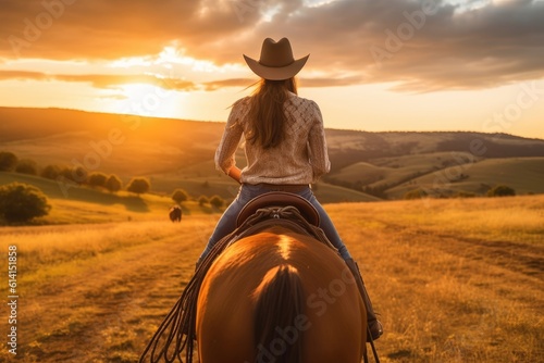 A close - up shot of a young woman horse riding in the enchanting golden hour of sunset. Generative AI