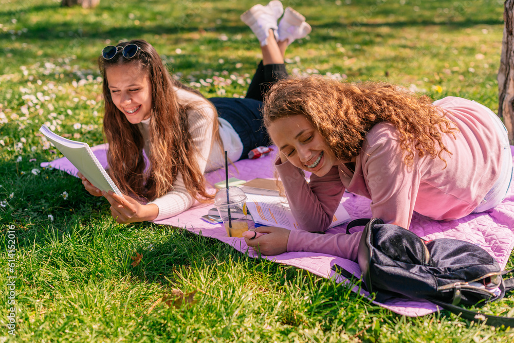 Beautiful female school friends having fun conversation and laughing while studying together at the park Beautiful female school friends having fun conversation and laughing while studying together at the park
