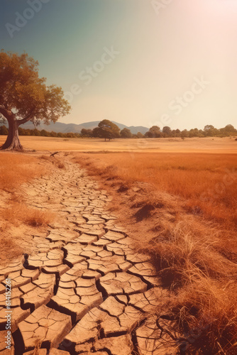 Dry grassy meadow with parched earth, climate change, global warning