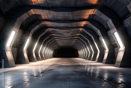 Concrete tunnel with lights.