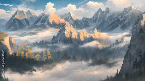 breathtaking landscape that mountains was surrounded by misty clouds,created by generative AI