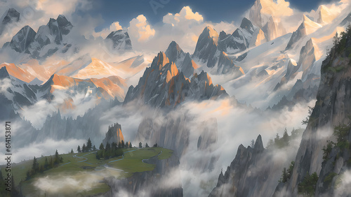 breathtaking landscape that mountains was surrounded by misty clouds,created by generative AI