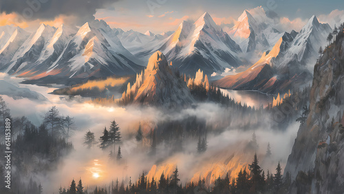 breathtaking landscape that mountains was surrounded by misty clouds,created by generative AI photo