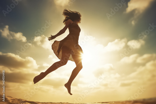 Side view of a full length cheerful woman jumping with her hands up