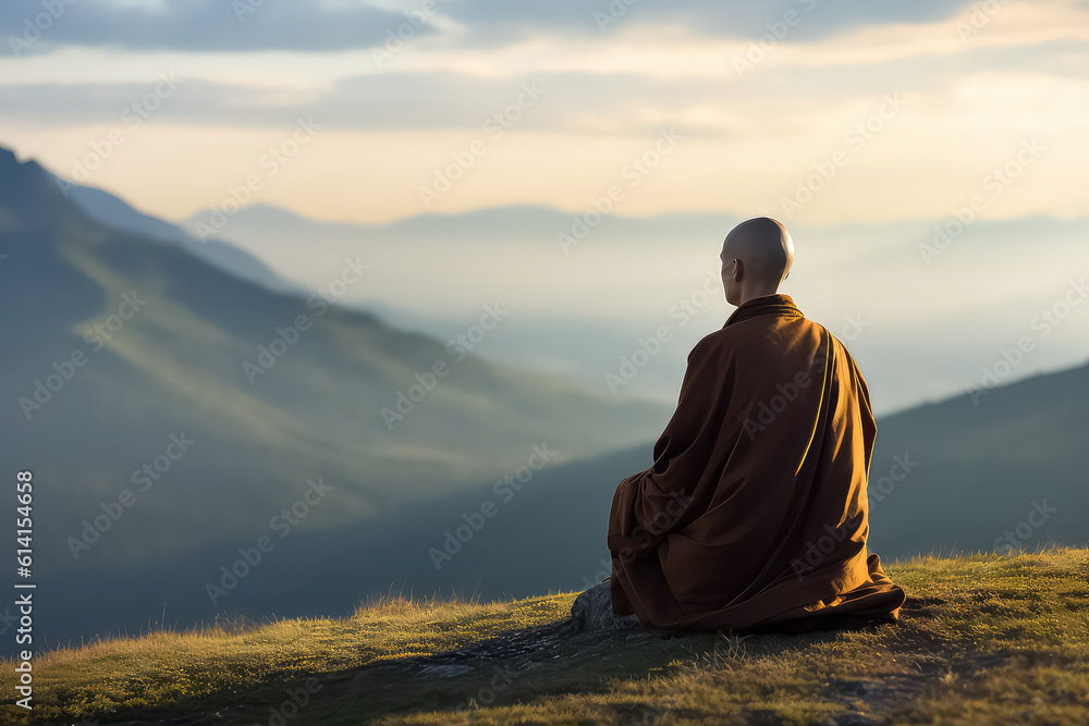 Buddhist monk in meditation on a beautiful sunset background on a high ...