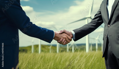 ESG Concept. Environmental, Social and Corporate Governance. two Businessmen Shaking Hand to Cooperate a Sustainable Resources and Business Growth Together. Wind Power and Green field. AI generative