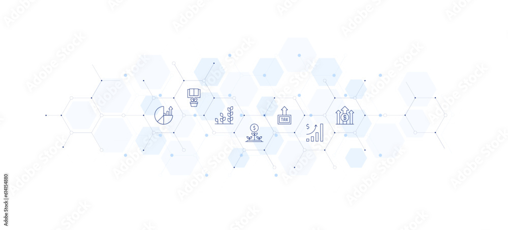 Growth banner vector illustration. Style of icon between. Containing pie chart, plant, sustainable, tax, growth.