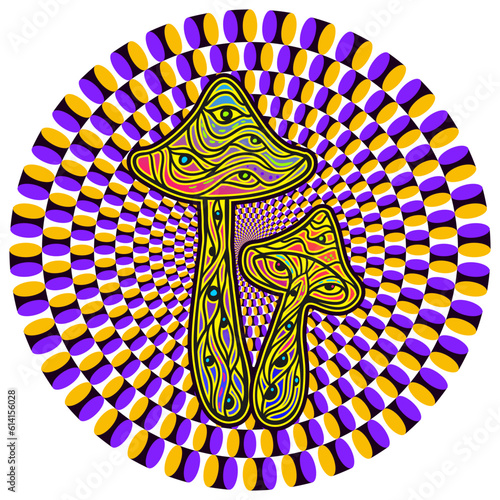 Psychedelic Magic Mushrooms Optical illusion. Vector illustration. Rounded color, Decorative mushrooms, hippie, hallucination, psilocybin 60s 70s neon