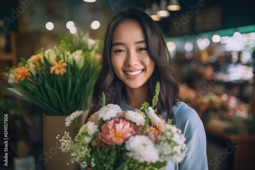 A close - up shot of a young woman smiling and holding a bouquet of vibrant flowers in a botanical garden. Generative AI