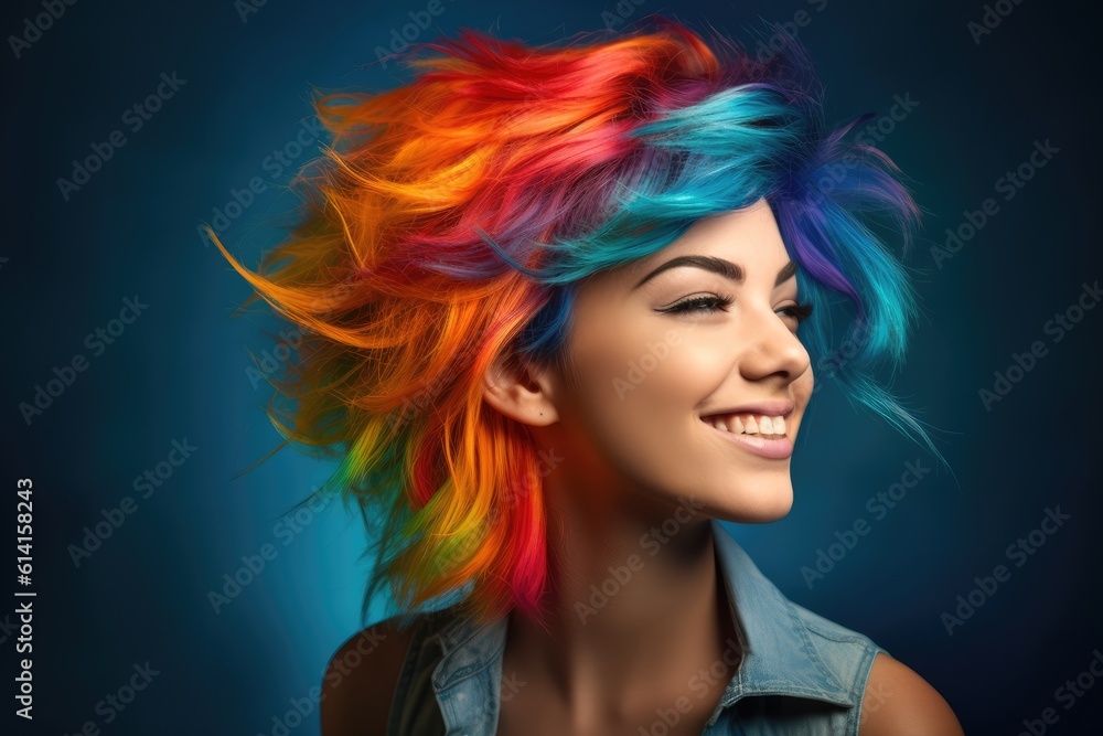 A close - up shot of a young woman with a vibrant and colorful hairstyle, showcasing individuality and creativity. Generative AI A close - up shot of a young woman with a vibrant and colorful hairstyle, showcasing individuality and creativity. Generative AI