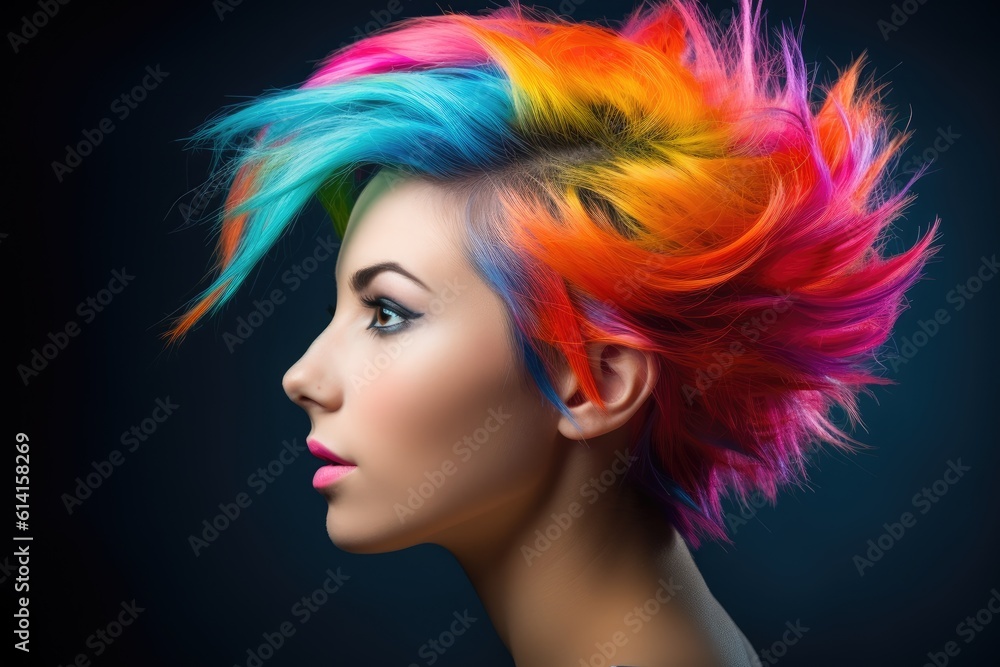 A close - up shot of a young woman with a vibrant and colorful hairstyle, showcasing individuality and creativity. Generative AI