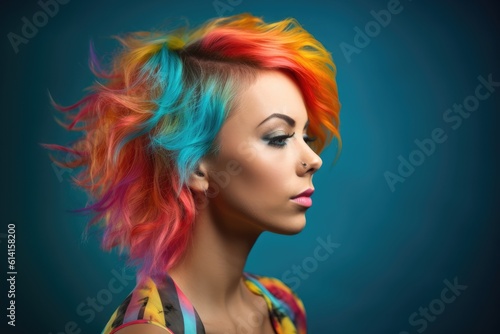 A close - up shot of a young woman with a vibrant and colorful hairstyle, showcasing individuality and creativity. Generative AI