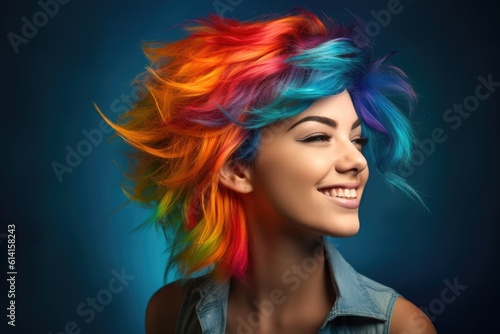 Foto A close - up shot of a young woman with a vibrant and colorful hairstyle, showcasing individuality and creativity