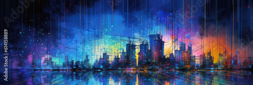 Abstract colorful background. Symbolized cityscape, IoT, Dx transformation, and digital horizon. Diverse entities represented by colors, unified by digital and AI technology. Generative AI based.
