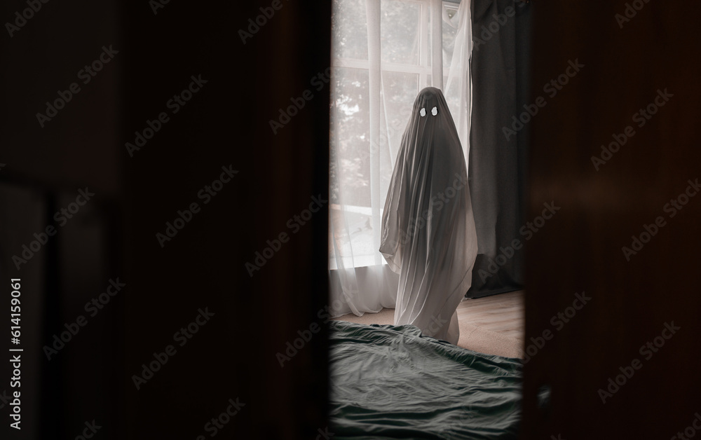 Scary white ghost made from a sheet in an abandoned house. Halloween concept Scary white ghost made from a sheet in an abandoned house. Halloween concept