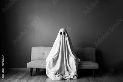 Obraz na plátne Ghost covered with a white ghost sheet on a sofa in the living room