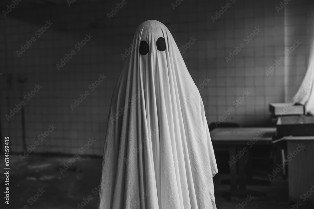 Ghost covered with a white ghost sheet in abandoned house. Halloween Concept