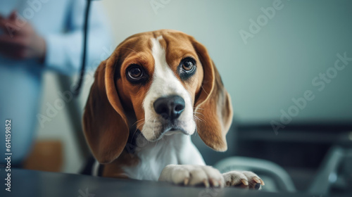 Close up of a beautiful beagle dog at the veterinarian. Sick cute pet sitting at the examination table at the animal clinic