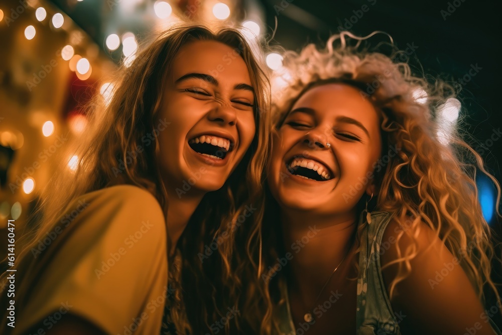 A close - up shot of two teenage girls joyfully dancing in front of a tripod - mounted phone camera. Generative AI