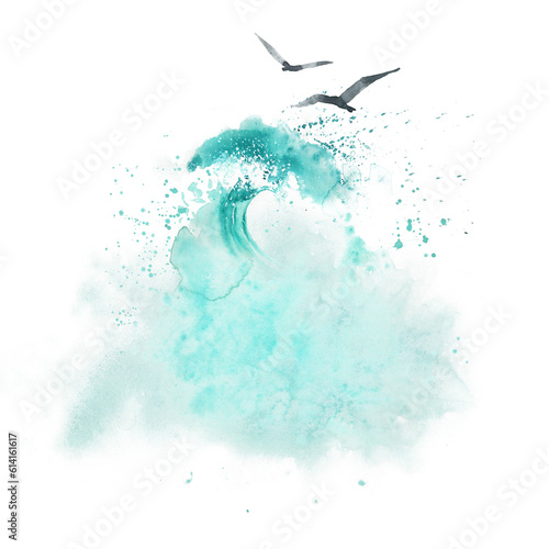 Sea wave and seagulls watercolor marine print, wave background.