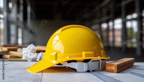 Yellow safety helmet and construction tools on a building site background. Construction concept, ai generated
