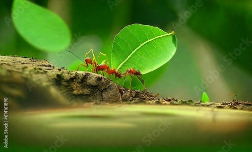 Ants carry the leaves back to build their nests, carrying leaves, close-up. sunlight background. Concept team work together. Generative AIi © Vishwajeet