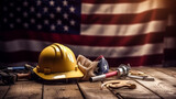 American flag with safety helmet and tools on wooden background. Labor day concept, Generative Ai