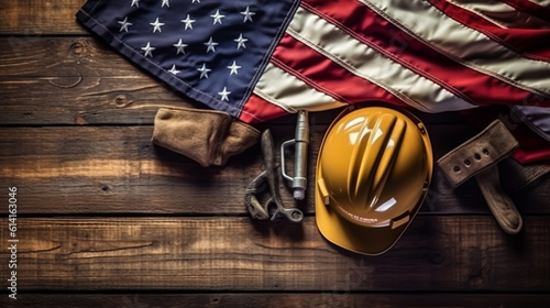 American flag with safety helmet and tools on wooden background. Labor day concept, Generative Ai © Mr. Muzammil