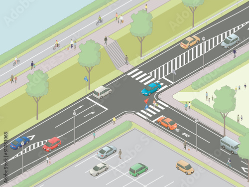 アイソメトリック図法で描いた土手沿いにあるT字交差点のイメージB / Japanese T-junction. Isometric illustration
