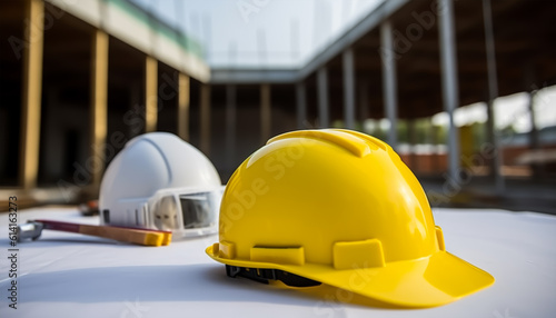 Yellow safety helmet and construction tools on a building site background. Construction concept, ai generated
