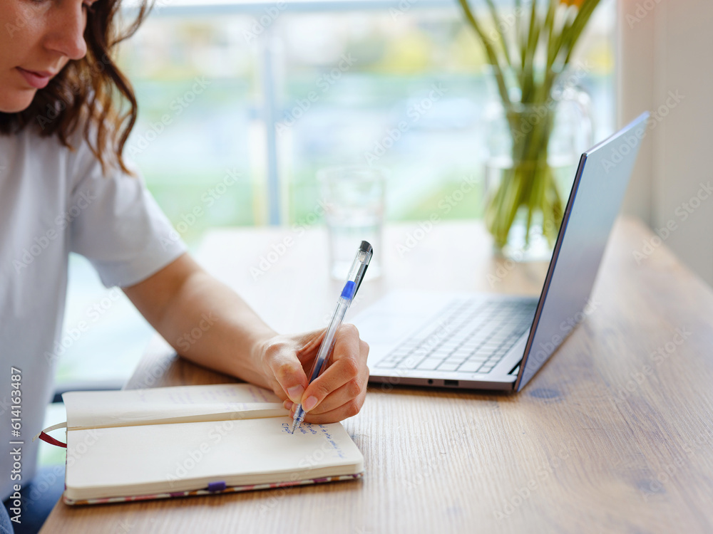 Fototapeta premium Beautiful Latin young woman in casual clothing using laptop and smiling while working indoors. writing down notes holding training for students to be executives at laptop desktop table, close up