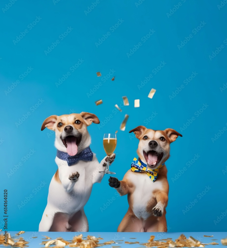 Photo of Celebrating Happy Dog Day for social media post . Dogs celebrating with drink ,bow , blue background and copy space background . Ai generated