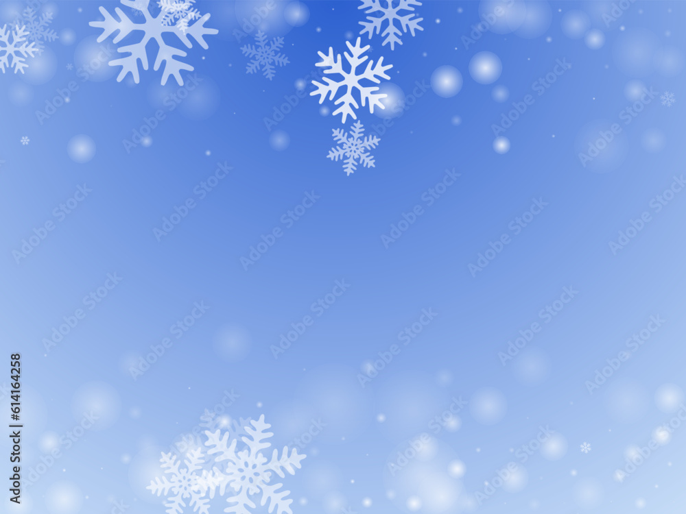 Simple flying snow flakes backdrop. Snowfall fleck frozen elements. Snowfall weather white blue background. Fuzzy snowflakes christmas theme. Snow hurricane scenery.