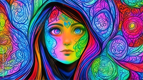 portrait of a woman with a painted face,A young woman stares out of a window, her face illuminated by the psychedelic art that reflects her inner turmoil and DMT journey. © Diax