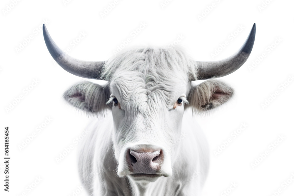 White bull portrait. Adult silver white bull with large horns on white background. Generative Ai. White bull portrait. Adult silver white bull with large horns on white background. Generative Ai.