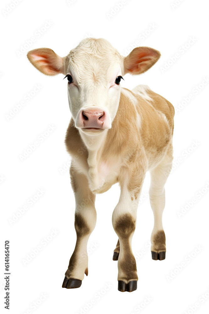 A bright pretty calf. Small cow without horns isolated on white background. Generative Ai.